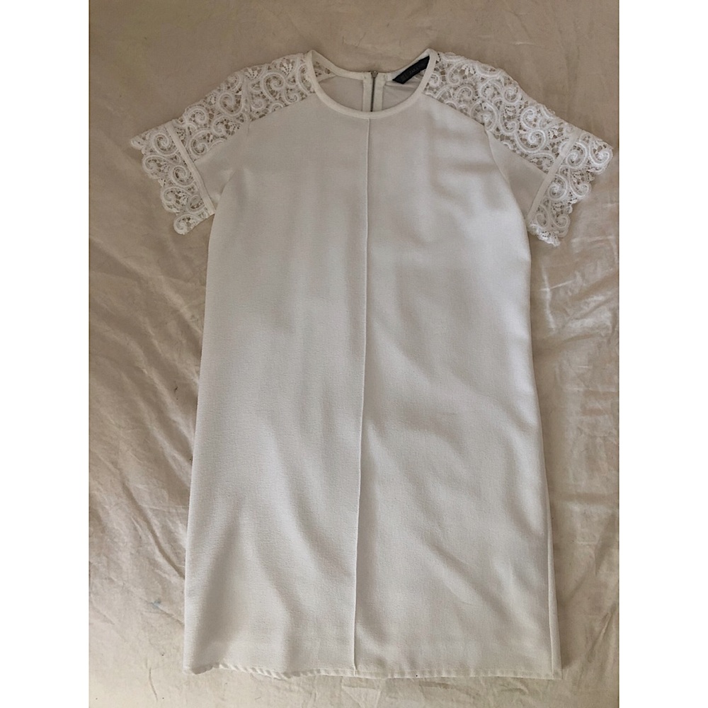 Zara White Shift Dress with Lace Sleeves (S)